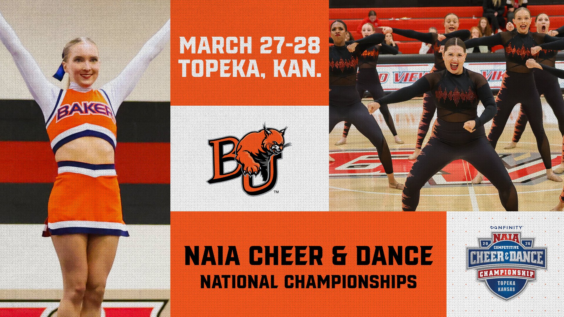 Game day graphic featuring Baker cheerleader Megan Boettcher (left) and a group of Baker dancers (right)
