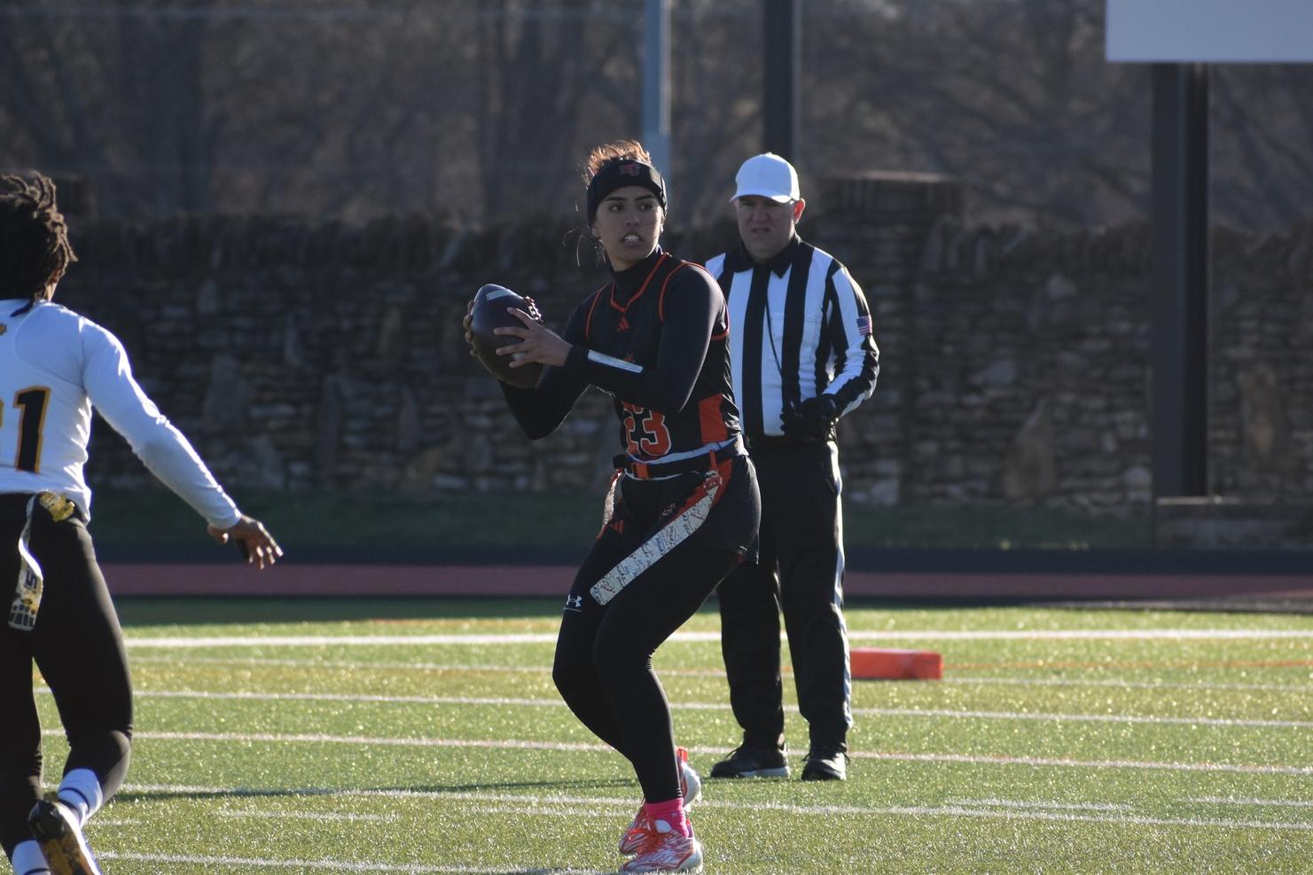 Baker women's flag footballl quarterback Tara Llorente