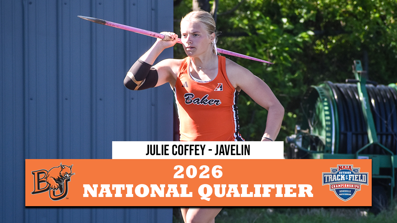 National qualifier graphic featuring Julie Coffey of the Baker track and field team.