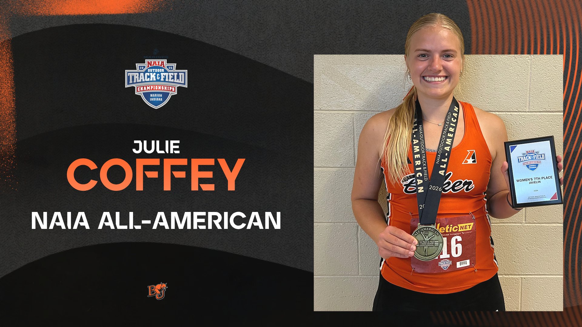 NAIA All-American graphic featuring Julie Coffey of the Baker women's track and field team.
